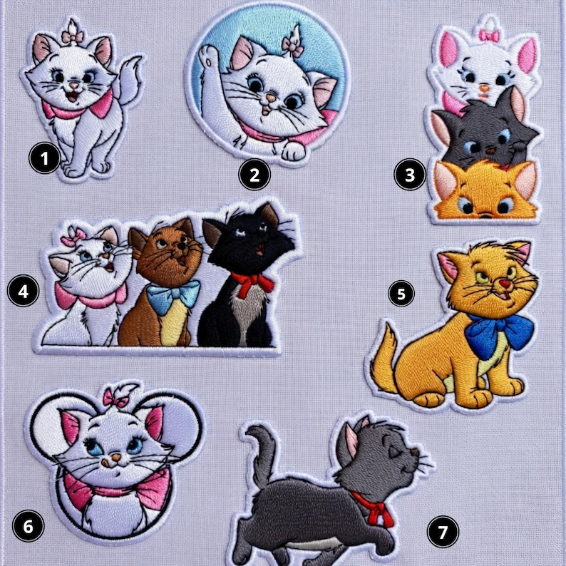 May include: A collection of seven embroidered patches featuring cartoon cats. The patches showcase various cat characters in different poses and colors, including white, orange, black, and gray, with pink and blue accents.