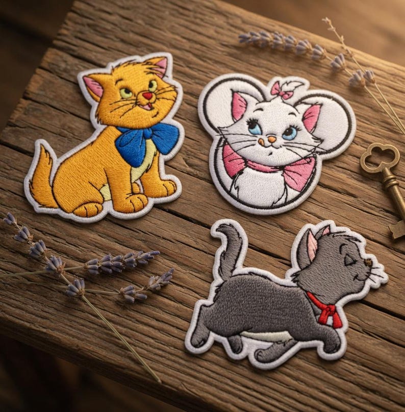 May include: Three embroidered patches featuring cartoon cats. One is orange with a blue bow tie, another is white with a pink bow, and the third is gray with a red bow. The patches are on a wooden surface with lavender sprigs and a key.