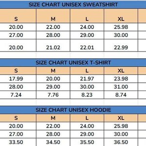 Pu&ograve; includere: Tabelle delle taglie per felpe, magliette e felpe con cappuccio unisex. Le tabelle mostrano le misure in pollici per larghezza, lunghezza e lunghezza delle maniche, dalla taglia S alla 3XL. Sfondo azzurro chiaro e beige.