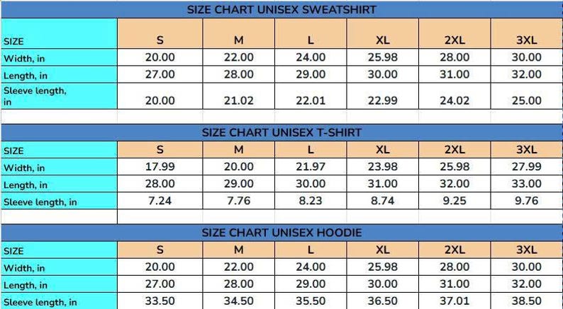 Pu&ograve; includere: Tabelle delle taglie per felpe, magliette e felpe con cappuccio unisex. Le tabelle mostrano le misure in pollici per larghezza, lunghezza e lunghezza delle maniche, dalla taglia S alla 3XL. Sfondo azzurro chiaro e beige.