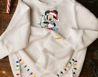 Weihnachten Mickey Mouse Gesticktes Sweatshirt, Gesticktes Weihnachtslichter Cut Saum Sweatshirt, Disney Weihnachtshemd