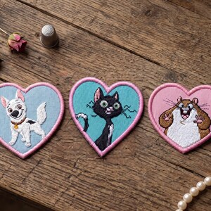 Parches bordados de Bolt Dog Mittens Cat Rhino Hamster, lindos bordados de dibujos animados en forma de corazón, parches termoadhesivos para chaquetas y mochilas.