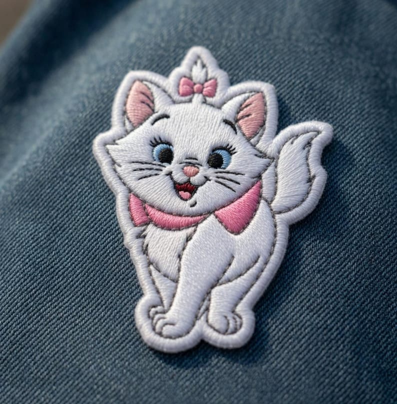 May include: Embroidered patch featuring a white cartoon cat with pink accents on its ears, bow, and neck. The cat has blue eyes and a smiling expression. The patch is on a blue denim background.