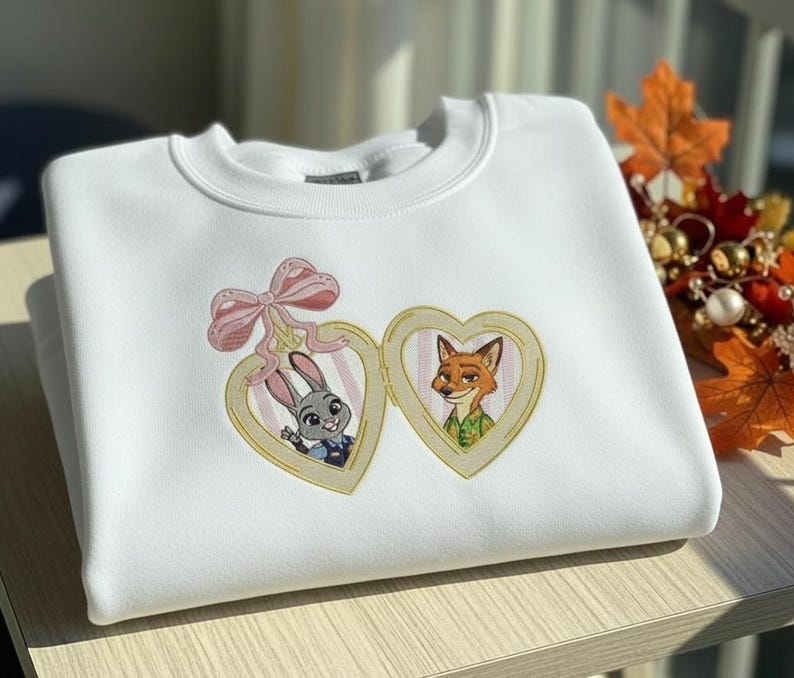 Pu&ograve; includere: Felpa bianca con un disegno ricamato di due personaggi dei cartoni animati in cornici a forma di cuore. Un fiocco rosa &egrave; sopra una cornice. I personaggi sono un coniglio e una volpe. La felpa &egrave; piegata su una superficie di legno.