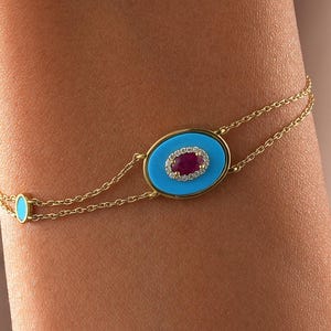 Bracelet mauvais œil turquoise rubis 18 carats halo - Double chaîne, bijoux fins en or massif, cadeau de remise des diplômes pour elle, hypoallergénique