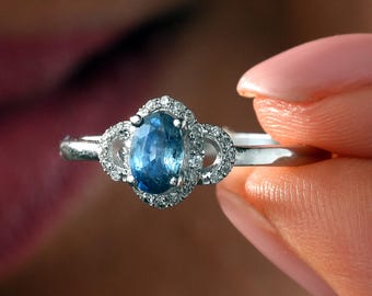 14K Cornflower Blue Sapphire and Diamond Ring, Oval Solitaire Engagement Band, September Birthstone Gift for Her, Handmade Fine Jewelry