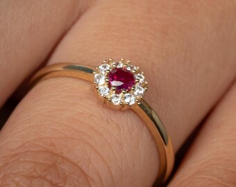 14K Gold Ruby Halo Engagement Ring, Red Gemstone with Diamonds, Dainty Floral Band, July Birthstone, Women’s Fine Jewelry