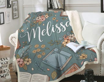 Cobertor de lã floral personalizado com nome para amantes de livros - presente para canto de leitura
