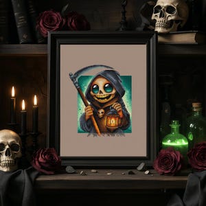 May include: Framed artwork featuring a cartoon Grim Reaper character with a smiling face, holding a scythe and lantern. The Reaper wears a dark hooded cloak and has large, expressive eyes. The artwork is set against a neutral background, with a black frame.