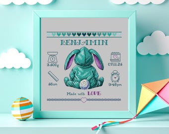 Schema punto croce Baby Metrica Green – Sampler nascita moderno in PDF, decorazioni per la cameretta dei bambini