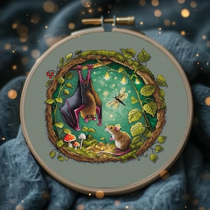 Twilight Friends Cross Stitch Pattern – Bat and Mouse Embroidery (PDF