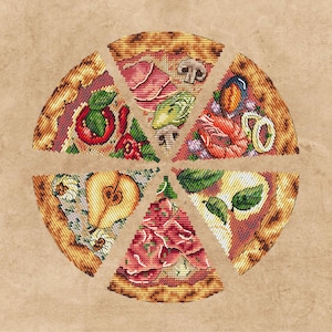 Puede incluir: Ilustración circular de seis porciones de pizza, cada una con diferentes ingredientes. La corteza es de color marrón dorado y los ingredientes incluyen champiñones, camarones, pera y albahaca. El fondo es de color marrón claro.