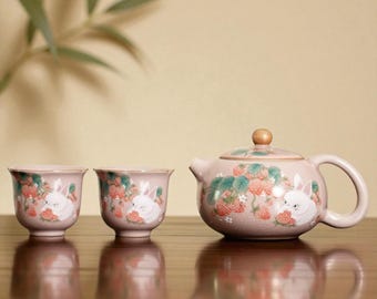 Hand-Painted Ceramic Rabbit Tea Set – Japanese Style, Includes Teapot and Cups