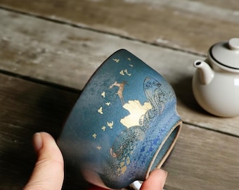 Ceramic Gongfu Teacup 80ml – Handmade Pottery Cup with Golden Deer Design