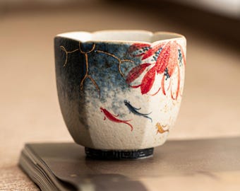 Handmade Kintsugi Inspired Tea Cup, Red Floral Ceramic Teacup, Japanese Wabi Sabi Matcha Mug, Floral Pottery Cup, Unique Aesthetic Tea Gift