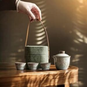 以下が含まれることがあります： レザーハンドル付きのセージグリーンの円筒形キャリングケース、お揃いの小さな陶器製ティーカップ3客、蓋付きの陶器製蓋碗で構成されたポータブルティーセット。全体に柔らかな色調の繊細な花柄が施されています。