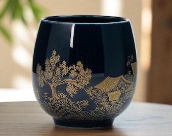 Tasse à thé japonaise en céramique bleu marine - Chawan artisanal de 180 ml avec motif paysager doré