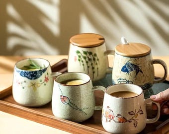 Japanese Ceramic Coffee Mug with Wooden Lid and Spoon: 350ml Retro Tea Cup