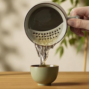 May include: A ceramic tea infuser with a built-in strainer is pouring tea into a small, matching cup. The infuser and cup are a muted green color with a brown trim. The tea is a light amber color.