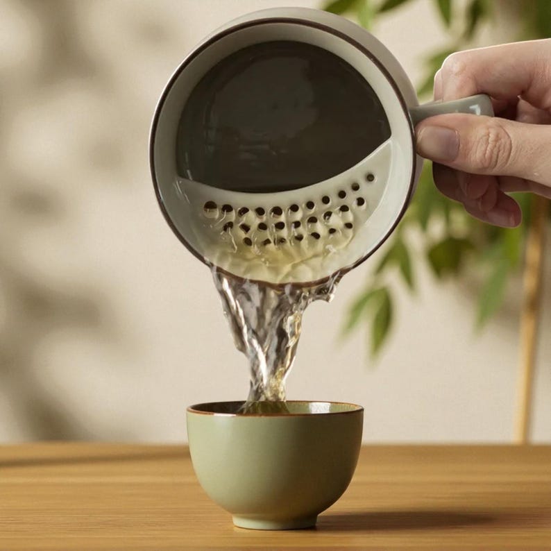 May include: A ceramic tea infuser with a built-in strainer is pouring tea into a small, matching cup. The infuser and cup are a muted green color with a brown trim. The tea is a light amber color.