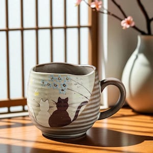 Ceramic Kutani Cat Mug: Handmade Japanese Cup 230ml