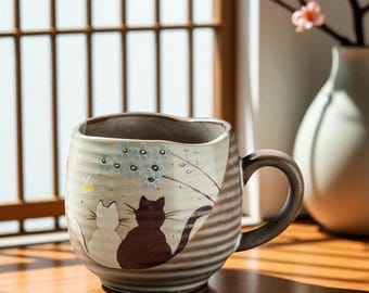 Ceramic Kutani Cat Mug: Handmade Japanese Cup 230ml