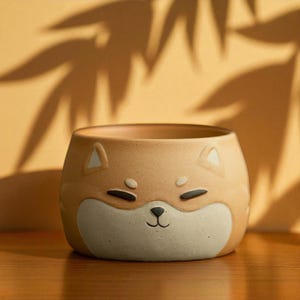 Puede incluir: Una maceta de cerámica con forma de cara de perro Shiba Inu. La maceta es principalmente de color beige con detalles blancos y negros, que representan los ojos, la nariz y las orejas del perro. El fondo es amarillo cálido con sombras de hojas.