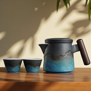 May include: A ceramic tea set with a teapot and two cups. The teapot has a black lid and a wooden handle. The set is primarily black and blue with a wave pattern. The cups have a similar design.