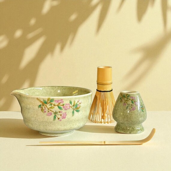 茶道具セット 草花模様の茶碗 緑花模様の陶器製抹茶碗セット：日本の茶道 - Etsy 日本