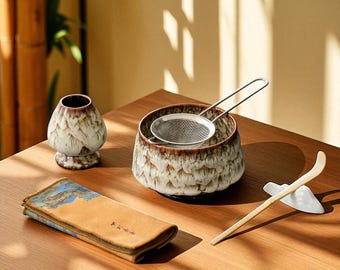 Puede incluir: Un juego de té con un cuenco de cerámica, un colador, un batidor y un pequeño jarrón. El cuenco y el jarrón tienen un diseño texturizado y moteado en tonos marrones y blancos. También hay un paño doblado con un diseño de paisaje y un batidor de madera.