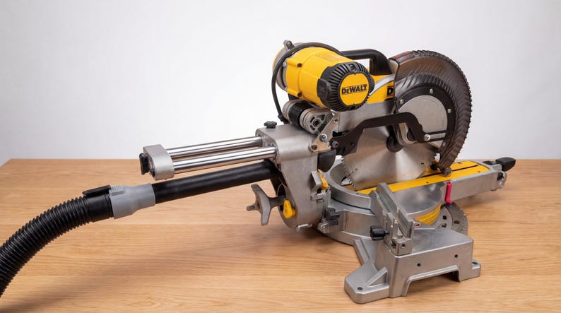 May include: A yellow and silver miter saw with a black handle and a circular saw blade. The saw has a black hose attached to it and is sitting on a wooden surface. The brand name "DEWALT" is visible on the motor housing.