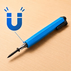May include: A blue magnetic screwdriver tool with a black clip at the end, holding a single black metal screw at its tip. A blue magnet icon with radiating lines is positioned above the tool, indicating its magnetic properties.