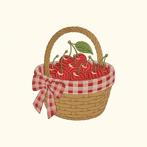 Diseño de bordado de cesta de cerezas, patrón de bordado a máquina de cerezas dulces, cesta de picnic con lazo de cuadros rojos, decoración de frutas de verano