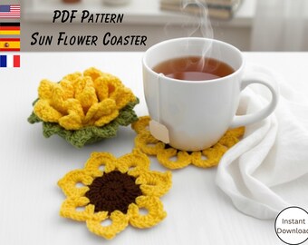 Crochet Sunflower Coaster Pattern • Flower Pot Design • PDF Crochet Home Decor. DIY Crochet Sunflower Coaster & Pot Pattern Digital PDF File