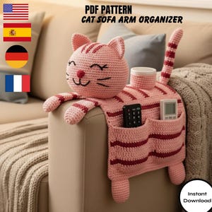 Patrón de organizador de brazo de sofá con bolsillos y diseño de gato a crochet (PDF), soporte para control remoto (PDF), ideal para principiantes, descarga instantánea.