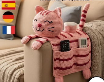 Crochet Cat Sofa Arm Organizer with pockets Pattern PDF,  Remote Holder Couch Caddy PDF, Beginner Friendly, instant Download,
