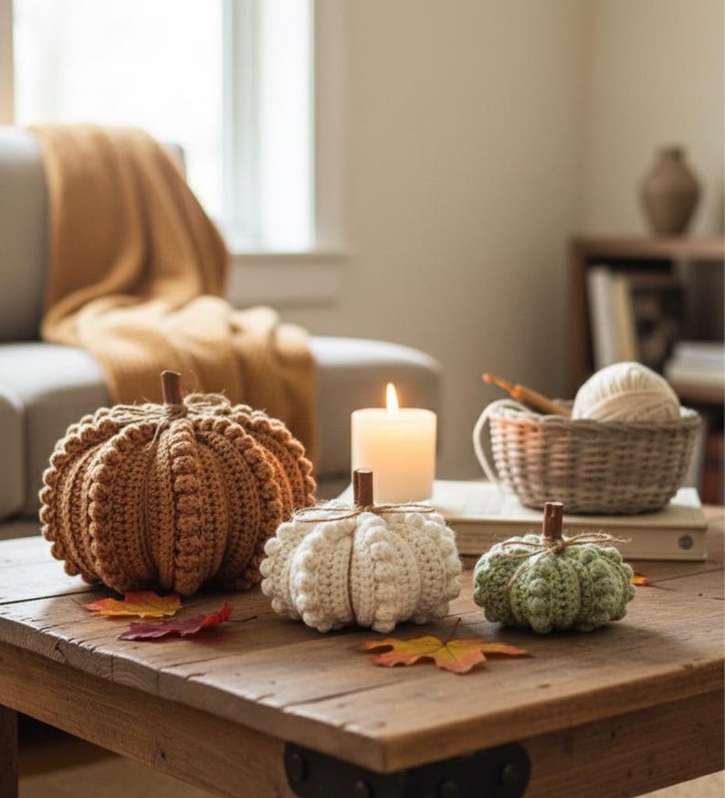 May include: Three handmade crochet pumpkins in brown, cream, and green sit on a wooden table. A lit candle and autumn leaves enhance the seasonal display. A basket with yarn and knitting needles is also visible.