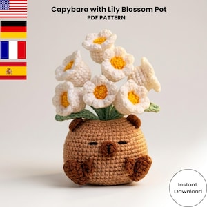 Bedårande Kapybara med Liljablomkruka – Digital virkad PDF liljekonvalj – Amigurumi Blomkruka Steg-för-steg-virkning 4 språk pdf