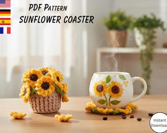 Crochet Sunflower Coaster & Pot Pattern, Flower Pot Crochet PDF, Crochet Coaster Pattern, DIY Home Decor, Digital Crochet Pattern, Decor