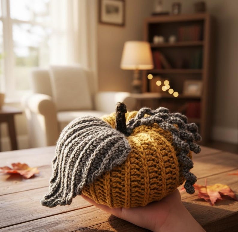 May include: A handcrafted crochet pumpkin in yellow and grey, featuring a ribbed texture. It has a stem and a decorative leaf, ideal for autumn decorations. The pumpkin is held in a person's hand, showcasing the seasonal craft.