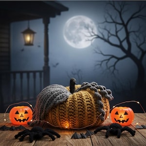 May include: A crocheted pumpkin with a grey knitted cap, set against a Halloween backdrop. Two jack-o'-lanterns, spiders, and bats decorate the wooden surface. A full moon and bare tree complete the spooky scene.