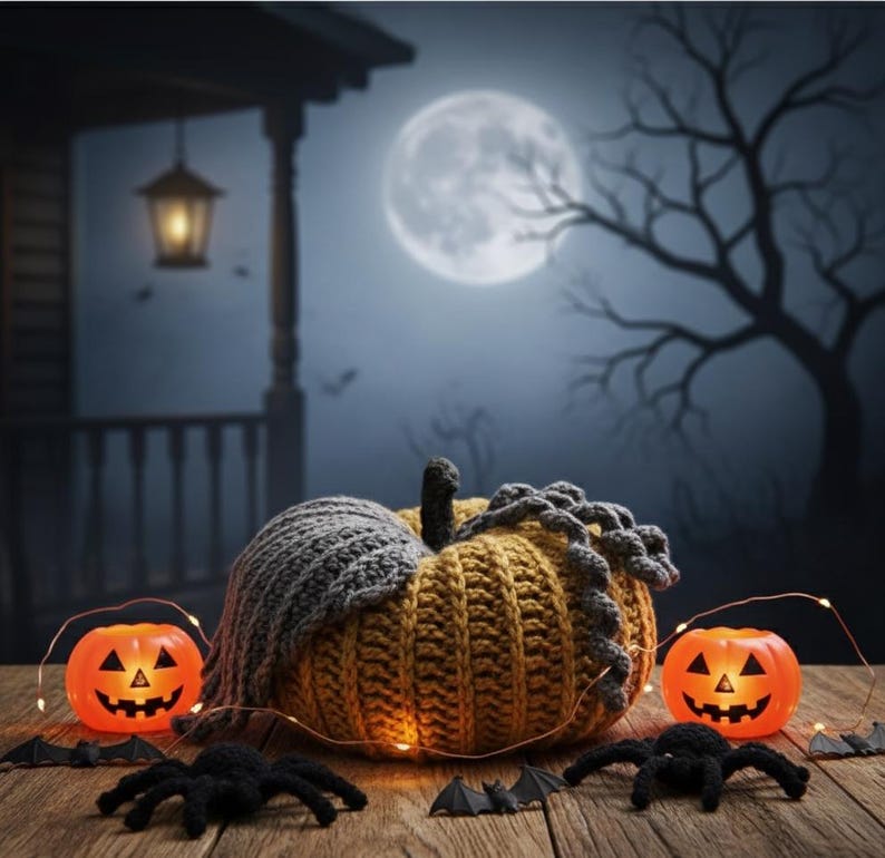 May include: A crocheted pumpkin with a grey knitted cap, set against a Halloween backdrop. Two jack-o'-lanterns, spiders, and bats decorate the wooden surface. A full moon and bare tree complete the spooky scene.