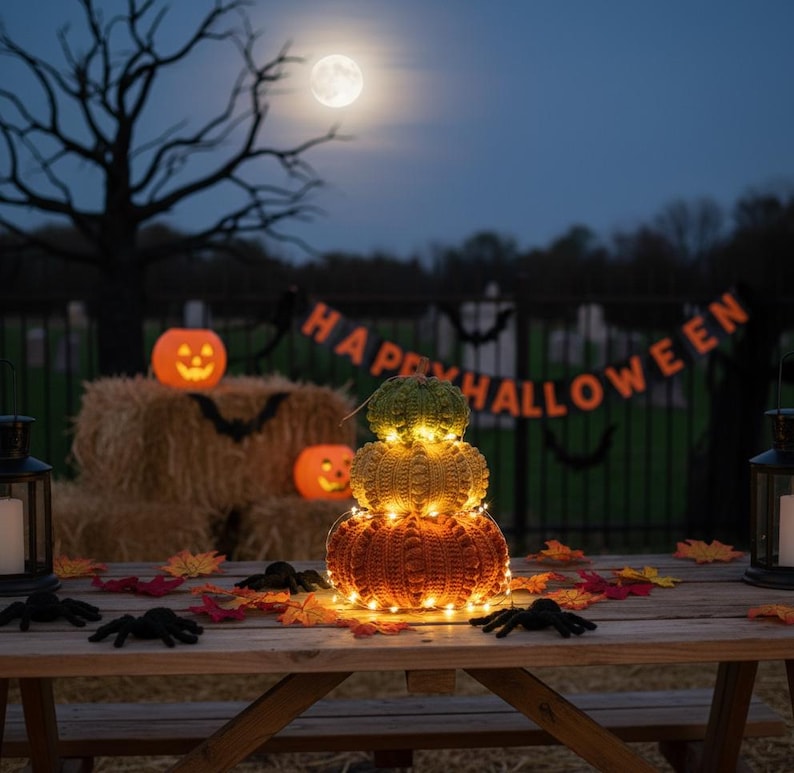 May include: An outdoor Halloween display shows a stack of three crocheted pumpkins in orange, yellow, and green, lit by fairy lights. The scene includes a "Happy Halloween" banner, hay bales, and decorative spiders, set under a full moon in a night sky.