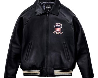 Men’s Avirex Black Bomber Jacket Faux Leather | American Flight Style