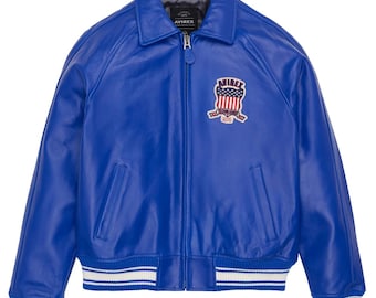 Avirex Men’s Blue Leather Bomber Jacket – Classic Real Cowhide Zippered Outerwear