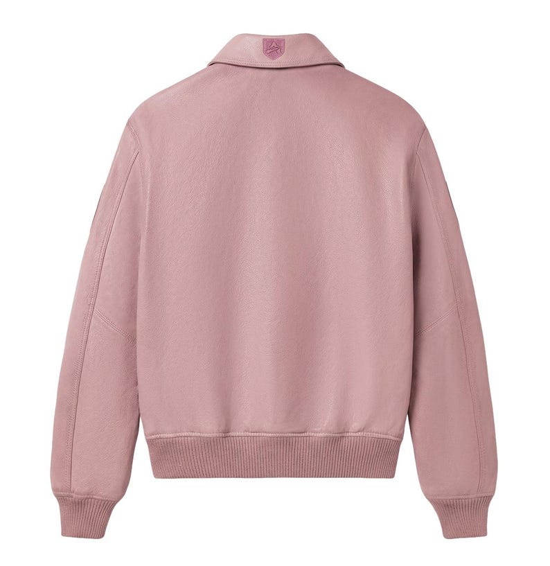 Giacca da aviatore Avirex in pelle rosa, stile vintage, con toppe militari, bomber immagine 2
