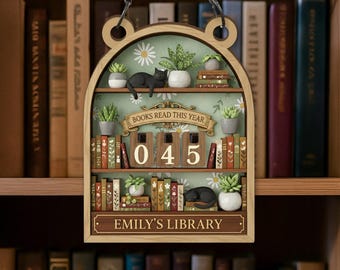 Custom Books Read This Year Sign, Layered Wood Reading Tracker Plaque, Cat Succulent Decor