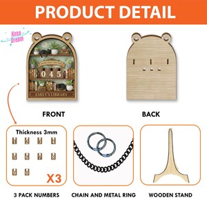 May include: A wooden bookshelf-shaped display with the text "BOOKS READ THIS YEAR" and "EMILY'S LIBRARY". Includes a wooden stand, chain, metal rings, and number tiles. The thickness of the tiles is 3mm.