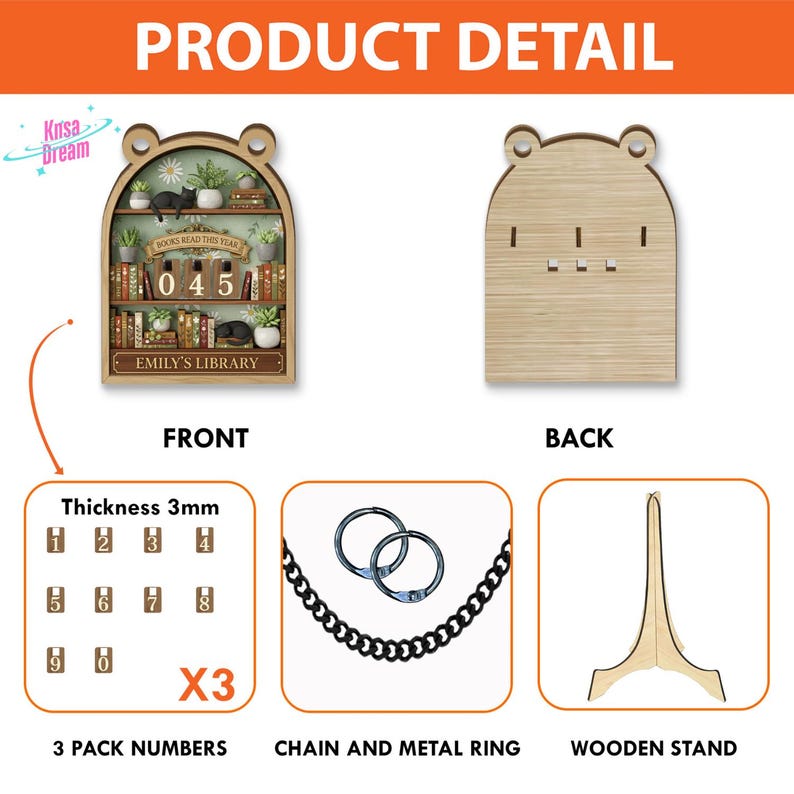 May include: A wooden bookshelf-shaped display with the text "BOOKS READ THIS YEAR" and "EMILY'S LIBRARY". Includes a wooden stand, chain, metal rings, and number tiles. The thickness of the tiles is 3mm.