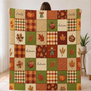 Gepersonaliseerde deken/sprei met naam, herfstpatchwork met pompoenen en esdoornbladeren, beddengoed voor Thanksgiving